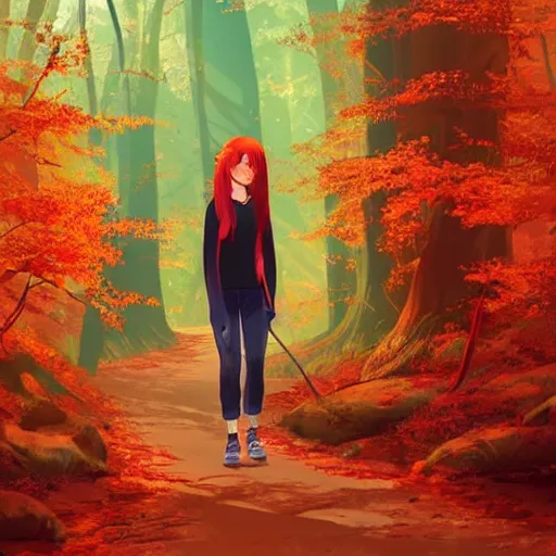 Image similar to a beautiful young woman with red hair hiking through an autumnal forest, clean cel shaded vector art. shutterstock. behance hd by lois van baarle, artgerm, helen huang, by makoto shinkai and ilya kuvshinov, rossdraws, illustration, art by ilya kuvshinov