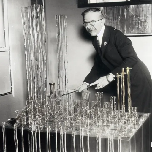 Prompt: a rutgers university president looking wistfully at a golden cane in a glass display in office, 1 9 2 8
