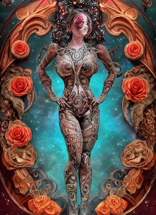 Image similar to gorgeous girl in a cosmic dress, full-body tattoos, ornate, rococo, grotesque, zbrush art, majestic, organics, silver filigree, colorful, dark fantasy, celtic knot, anatomical, HR, giger style, moebius, frank frazetta, ornate, art nouveau, symmetrical, turquoise jewelry, red smoke, roses, unbiased render, rotten, Emil melmoth, eerie, macabre, haunting, detailed and intricate, floral, faded pink, hypermaximalist, elegant, vintage, hyper realistic, super detailed, pastel colors, 8K, octane render, 8k