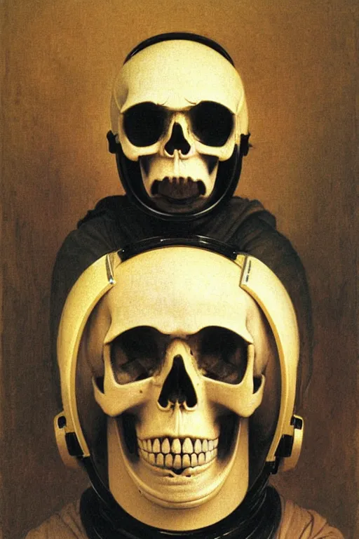 Image similar to portrait of a skull astronaut in samurai helmets an ancient human species, single person, by bouguereau