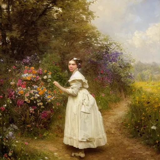 Image similar to jean-Baptiste Monge and Solomon Joseph Solomon and Richard Schmid and Jeremy Lipking victorian genre painting portrait painting of an english country cottage with a stone path and flower garden