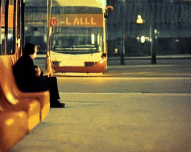 Image similar to a lomographic photo of russian lone man sitting in bus station at evening, cinestill, bokeh