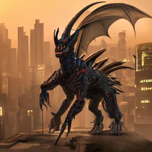Image similar to 3d full-body render of a detailed cyberpunk dragon, highly detailed, high quality, HD, 4k, 8k, Canon 300mm, professional photographer, 40mp, lifelike, top-rated, award winning, realistic, sharp, no blur, edited, corrected, trending