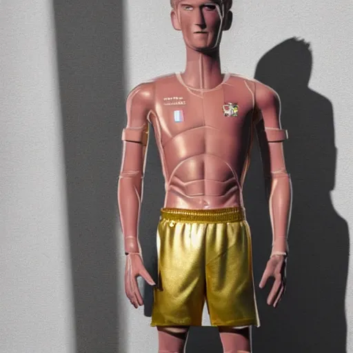 Image similar to a realistic detailed photo of a guy who is an attractive humanoid who is half robot and half humanoid, who is a male android, soccer players timo werner, shiny skin, posing like a statue, blank stare, in a factory, on display, showing off his muscles, gold soccer shorts, side view