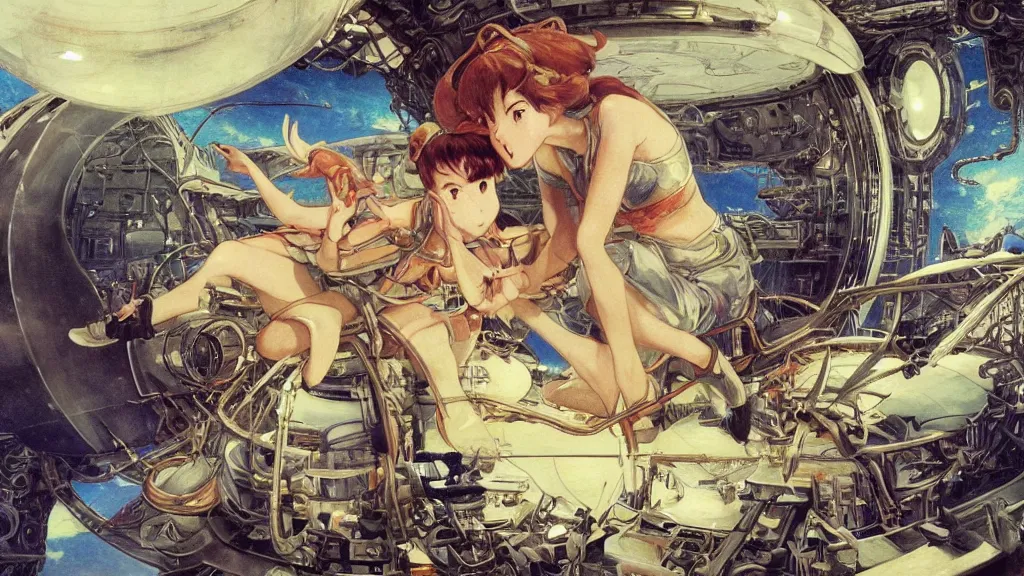 Image similar to a film still of a 1 9 5 0's mechanic anime girl sitting on top of flying ufo landing in hangar of giant ufo spaceship, intricate linework, finely detailed features, full body mid shot, perfect art, trending on pixiv fanbox, painted by gaston bussiere, makoto shinkai, akihiko yoshida, gaston bussiere, craig mullins