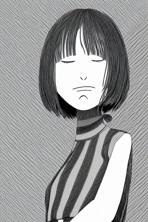 Image similar to portrait of a girl in long pants and a striped top, hands in pockets, eyes closed, bob haircut, digital art, black and white, lineart by kaoru mori