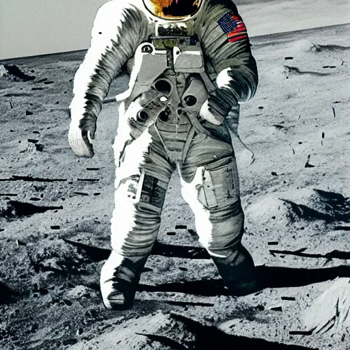 Image similar to hyperrealism sinister military astronaut on the moon, exterior shot, establishing shot