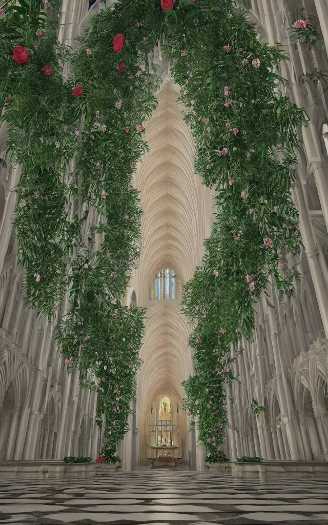 Image similar to beautiful grand cathedral interior with!! koi pond!! in the! middle! surrounded by palm trees, ivy,!! flowers!!, ( tropical plants ),!! roses!!, and with archways, rendered in octane render with photorealistic volumetric cinematic lighting, wide angle, horizontal symmetry, symmetrical! 8 k