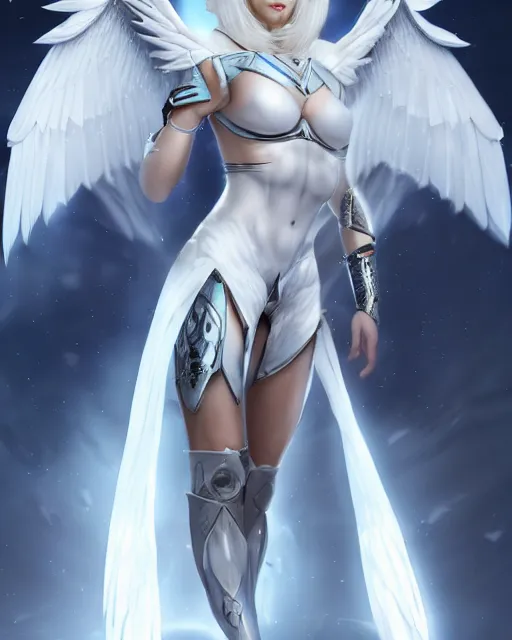 Image similar to perfect white haired attractive egyptian goddess with huge white dove wings, warframe armor, beautiful, engaging, symmetric, charlize theron, half asian, pretty face, blue eyes, scifi platform, laboratory, experiment, 4 k, ultra realistic, epic lighting, android body, illuminated, cinematic, masterpiece, art by akihito tsukushi, voidstar