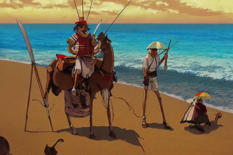 Image similar to don quijote in the beach. 4 k digital paint by studio ghibli hayao miyazaki. very sharp and detailed. trending on artstation and behance.