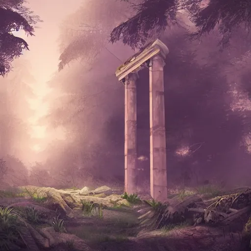 Prompt: roman structure in the forest, epic retrowave art, trending on art station