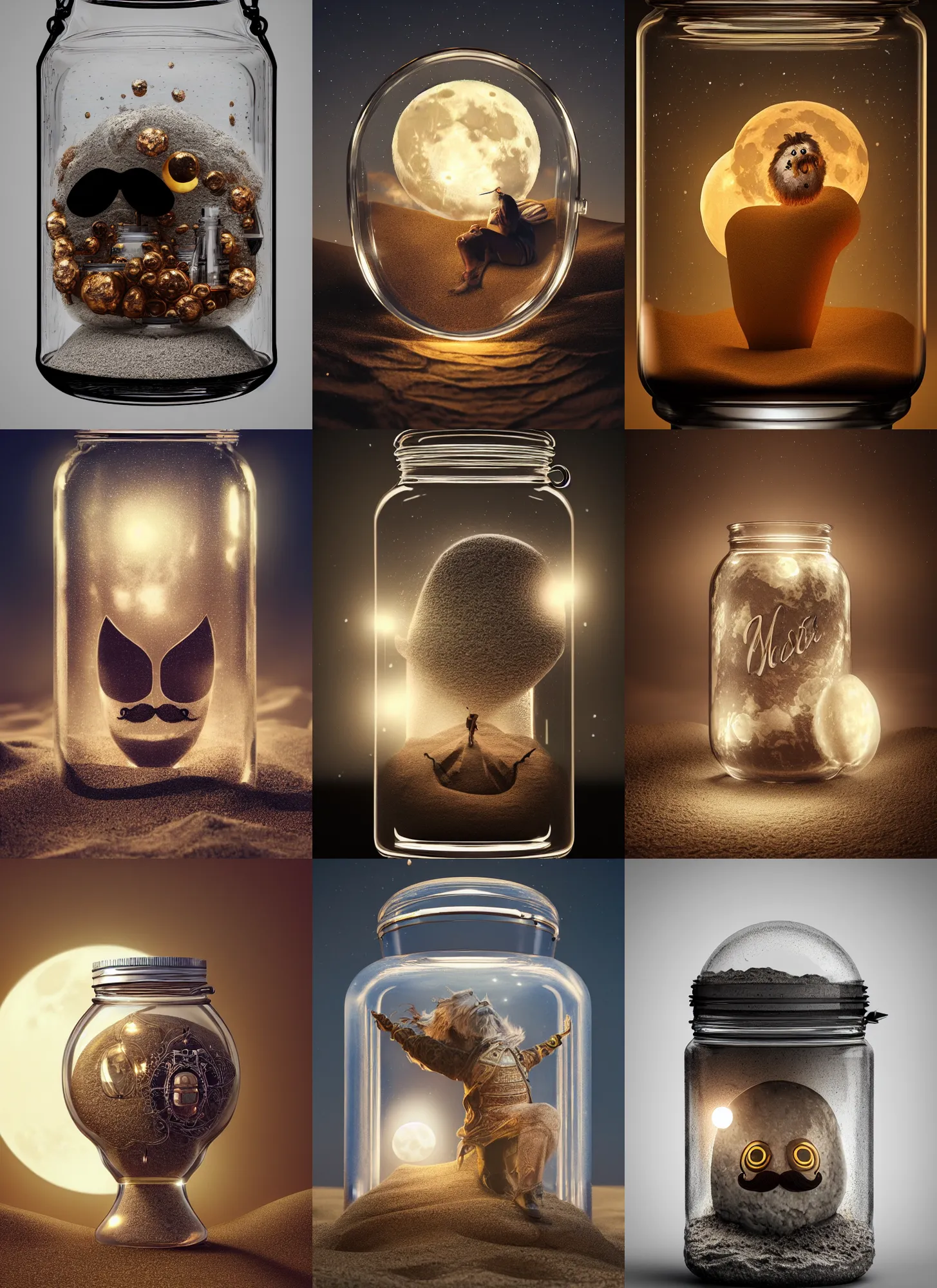Prompt: fullmoon with moustache inside a glass jar buried in sand, intricate detail, hyper detailed, ultra realistic, sharp focus, octane render, lantern, volumetric, ray tracing, artstation trending, moon, pocketwatch, cgsociety, sense of awe, mystical, moon, 4 k