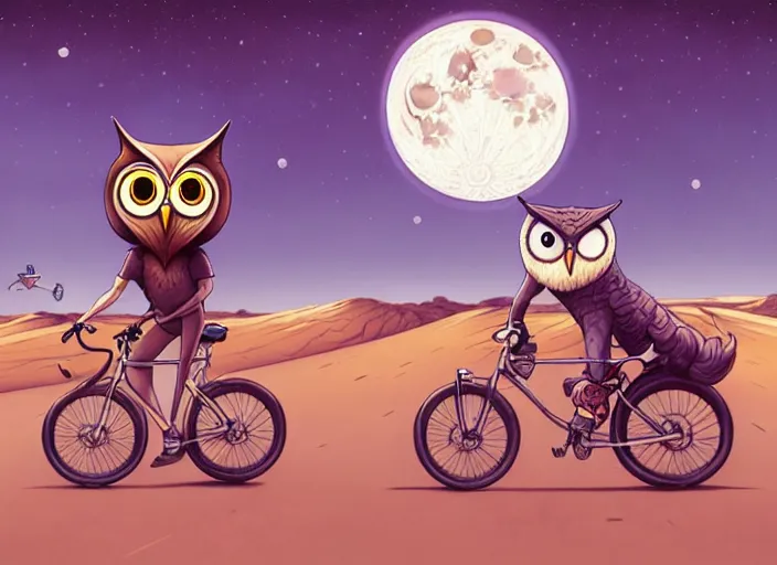 Image similar to a cell shaded cartoon owl riding a bicycle, with a big head, on a desert road, wide shot, in front of a big moon, muted colors, post grunge, josan gonzales, wlop, by james jean, victor ngai, hq, deviantart, art by artgerm