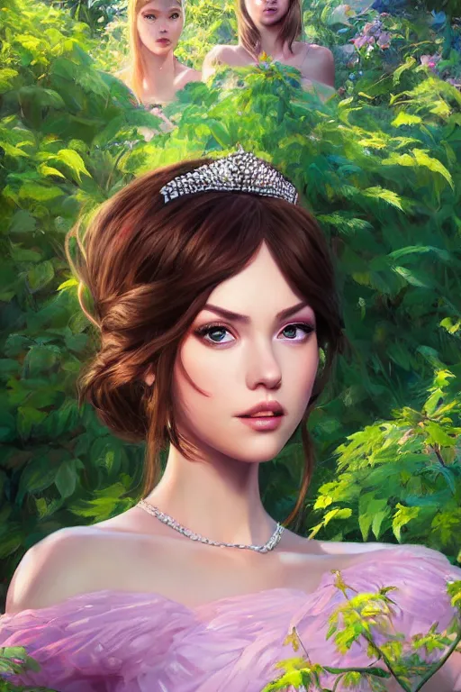 Image similar to portrait of a princess, painting by michael wellen, john stephens, artgerm, ilya kuvshinov, in a verdant garden, tone mapping, trending on artstation