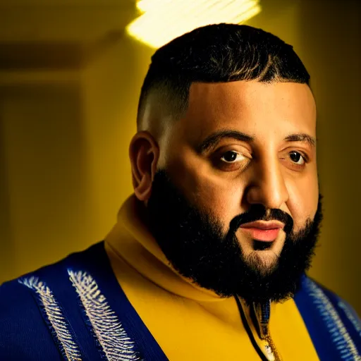 Prompt: ultra detailed portrait photo of dj khaled in a studio, blue, under red and yellow cinematic lighting, by van gogh