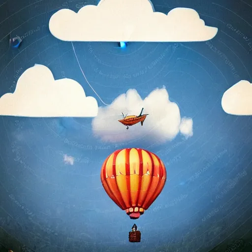 Image similar to smiling hippy, balloon journey, pulp adventure, flying camp, dark moody night sky, fluffy clouds of subtle opacity, cozy cabin, flying high, gradient aperture