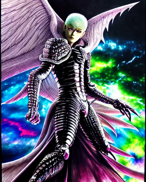 Image similar to realistic detailed image of ultra wrathful rainbow diamond iridescent mega griffith from berserk, depth perception, depth of field, action horror by ayami kojima, neo - gothic, gothic, part by adrian ghenie and gerhard richter. art by yoshitaka amano. masterpiece