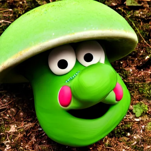 Prompt: a smiling cartoon green mushroom