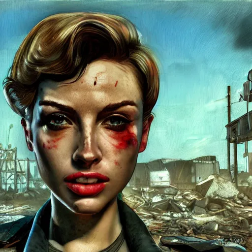 Image similar to pretty face, wide angle lens, photorealistic, 4k, style of fallout 4, background of destroyed city post apocalyptic, steakpunk, soft lighting, portrait, art by van goch