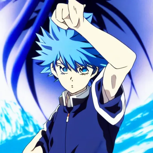 Image similar to anime key visual of a boy with blue spikey hair and water powers, anime!!!, cel shaded, shonen style, by kohei horikoshi!!!!!, big eyes, detailed, by hiromu arakawa, 8 k,