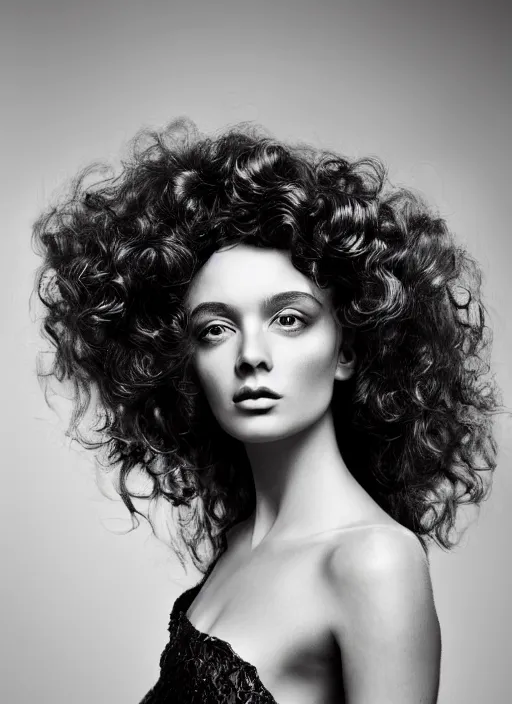 Prompt: a portrait of a stunning european woman by justin ridler, beautiful, elegant, big curly hair, irakli nadar,