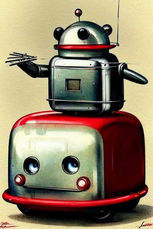 Image similar to ( ( ( ( ( 1 9 5 0 s retro future android robot fat robot toaster mouse wagon. muted colors., ) ) ) ) ) by jean - baptiste monge,!!!!!!!!!!!!!!!!!!!!!!!!! chrome red