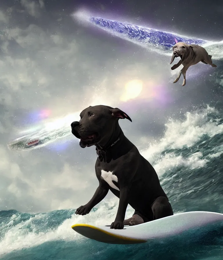 Image similar to photo of a dark gray coat pit bull with a white paws and a white nose!, surfing on a surfboard in a crashing wave of alien galaxy, trending on art station, ocean in space, background is an alien galaxy, aliens in the background, alien colors, octane render, unreal engine, wide view, 8 k, highly detailed