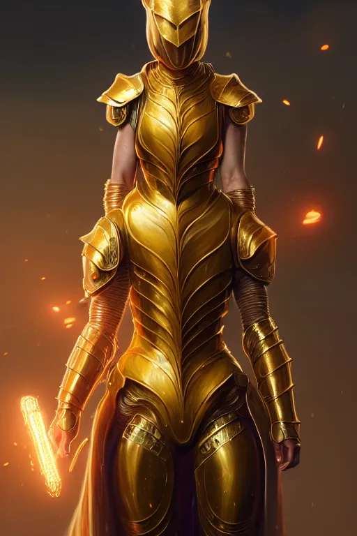 Image similar to professional digital art of a hyper realistic and highly detailed woman beautiful golden armor. accurate rending of one woman in armor. greg rutkowski, zabrocki, karlkka, jayison devadas, intricate, trending on artstation, 8 k, unreal engine 5, pincushion lens effect