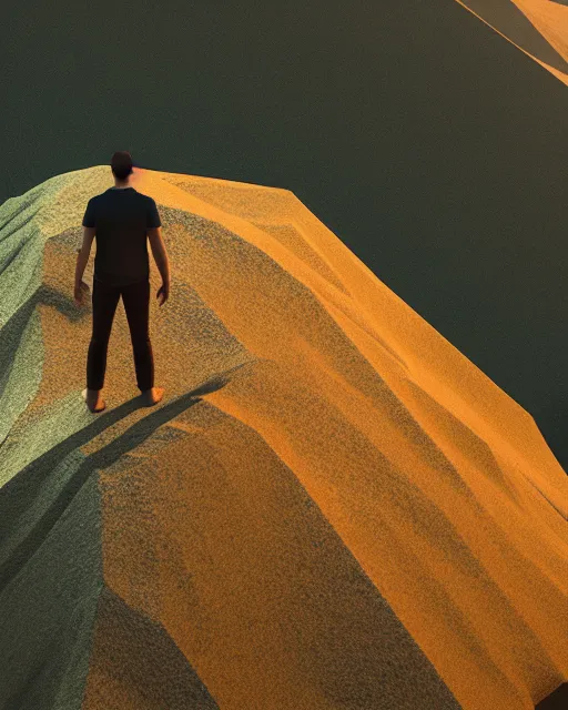 Image similar to a man standing in the middle of a mountain, a low poly render by filip hodas, behance contest winner, environmental art, rendered in cinema 4 d, volumetric lighting, low poly