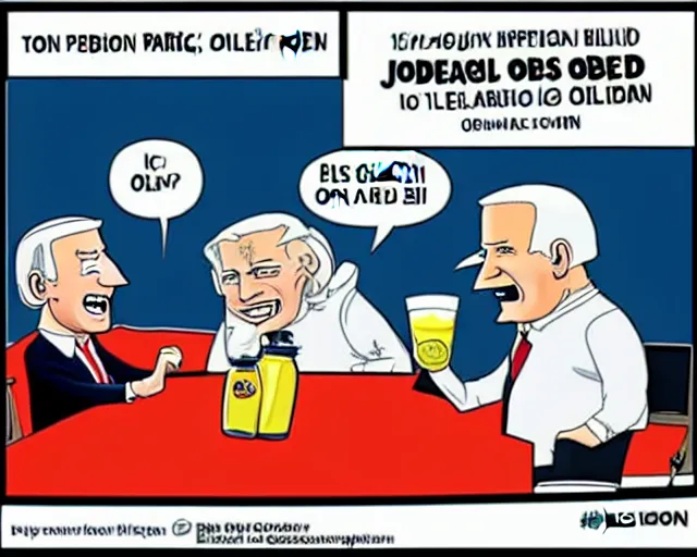 Prompt: Modern political cartoon made by Ben Garrison that portrays inflation through an obese Joe Biden drinking oil