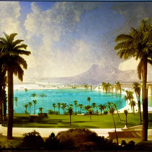 Image similar to The biggest palace ever made, thunderstorm, greek pool, beach and palm trees on the background major arcana sky, by paul delaroche, magazine photo from 2007, hyperrealistic 8k, very detailed