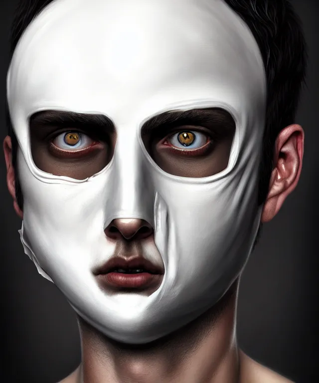 Image similar to white man with black fabric medical mask, short dark hair, highly detailed face!!!, true anatomy!, extremely detailed!, digital painting, unreal engine 5, art by tom bagshaw