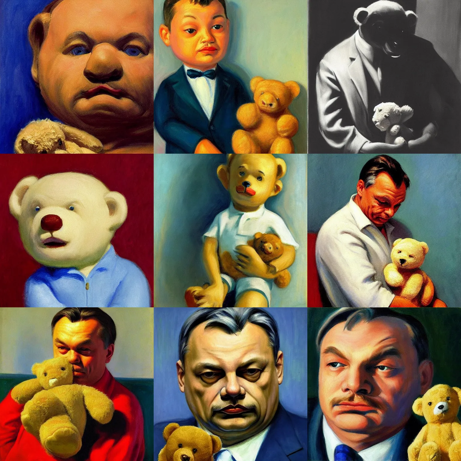 Prompt: viktor orban detailed face holding a teddy bear by edward hopper