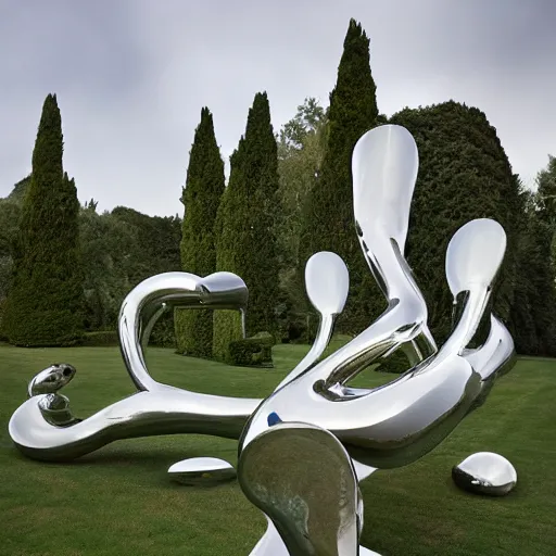 Image similar to giant Italian modern castle formal garden with a modern stainless steel organic shaped modern sculptures with mirror finish by Tony Cragg, photo by Annie Leibovitz