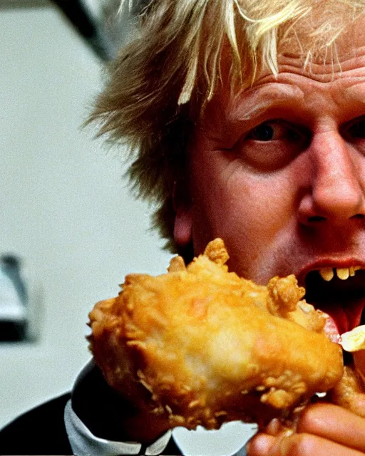 Image similar to film still close - up shot of boris johnson eating fried chicken from the movie monty python's the meaning of life. photographic, photography