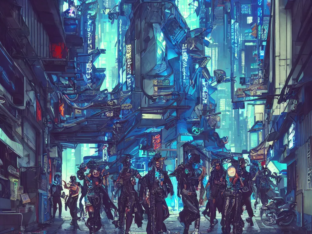 Image similar to a cyberpunk gang in the alleyway between art deco buildings, graffiti, fine detail, intricate, polished, blue color scheme, octane render, digital art, illustration, concept art, trending on artstation, by george luks and noriyoshi ohrai