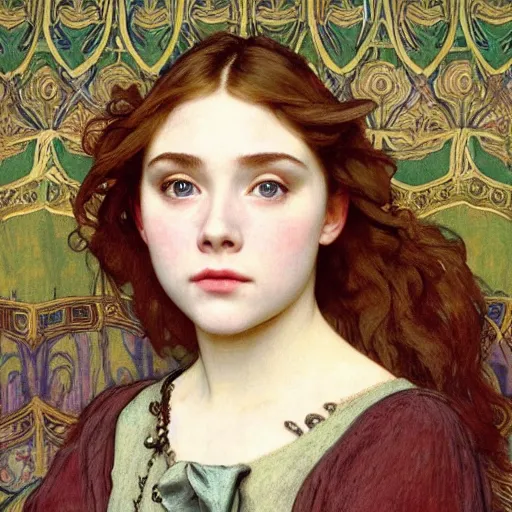 Prompt: a realistic face portrait of a teenage girl who looks lie Chloe Grace Moretz and Saoirse Ronan, wearing a nightgown, by Frederic Leighton, Alphonse Mucha, Edward Burne Jones