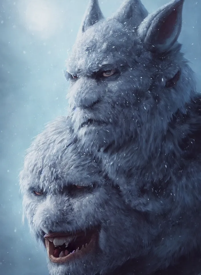 Prompt: a face portrait of a furry ice troll from skyrim, fantasy setting, beautiful face, serene colors, soft lighting, atmospheric, cinematic, moody, in the style of diego koi, gina heyer, luiz escanuela, art by alyssa monk, hyperrealism, rule of thirds, golden ratio, oil on canvas, 8 k