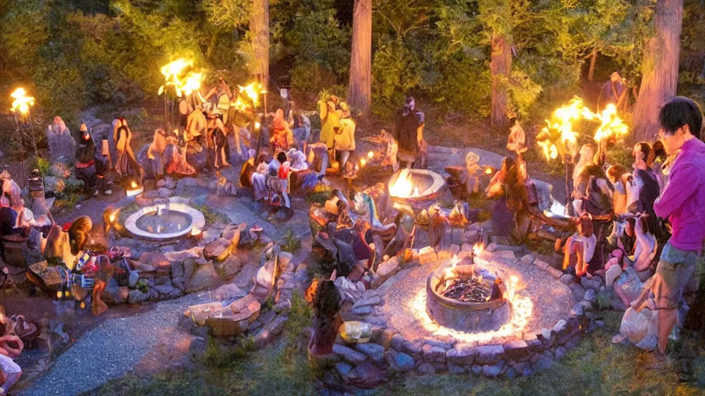 Image similar to party at midnight, bay area, peyote colors, fire pit, hot tub, candles, people, cinematic, highly detailed, movie still, by miyazaki