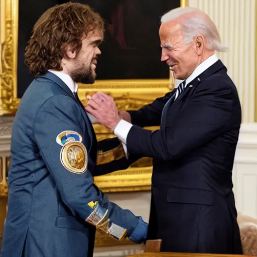 Prompt: “White House Press photo of Joe Biden awarding Peter Dinklage as Tyrion Lannister the presidential medal of freedom”