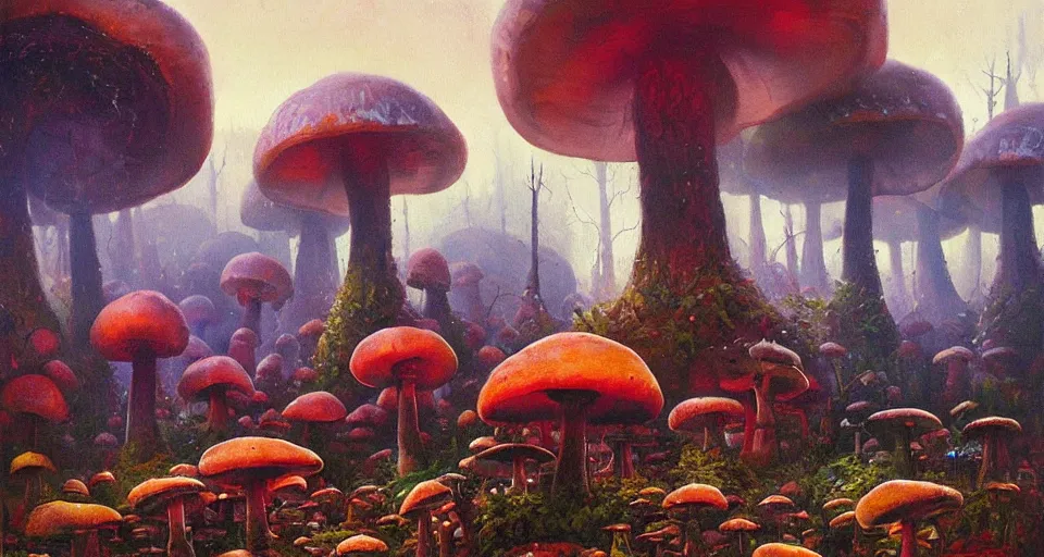 Prompt: A tribal village in a forest of giant mushrooms, by PAUL LEHR ,