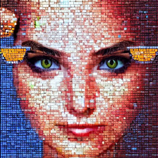 Image similar to portrait mosaic of a beautiful cute girl with robot ears and eyes, 4k, intricate details, digital, sun in the background