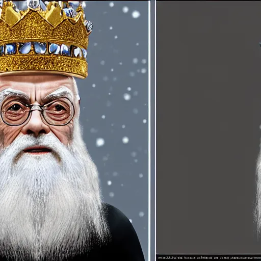 Prompt: James Randi with a diamond jeweled crown with a golden crown, photo-realistic, highly detailed, 8k, in the art style of Filip Hodas, 8k