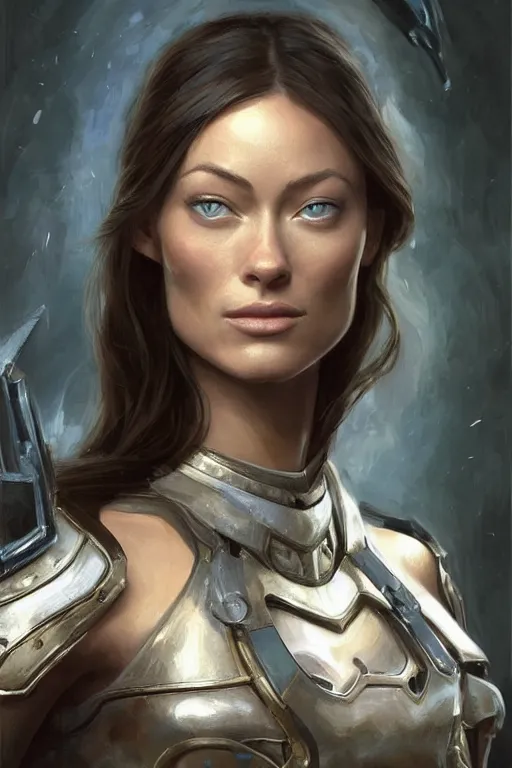 Image similar to a professional painting of a young Olivia Wilde, clothes in military armor, olive skin, long dark hair, beautiful bone structure, symmetrical facial features, intricate, elegant, digital painting, concept art, smooth, sharp focus, illustration, from StarCraft by Ruan Jia and Mandy Jurgens and Artgerm and William-Adolphe Bouguerea