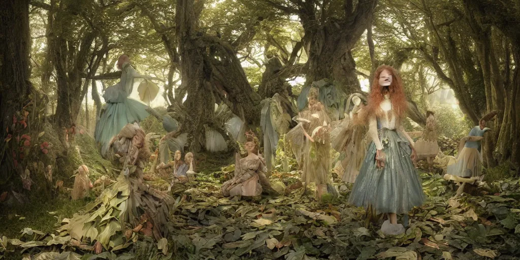 Prompt: alice in wonderland, dress made of leaves, masterpiece by Edgar Maxence and Ross Tran and Michael Whelan, gustav dore, carravaggion, realistic fantasy, establishing shot, 8k, octane render, moonbeams