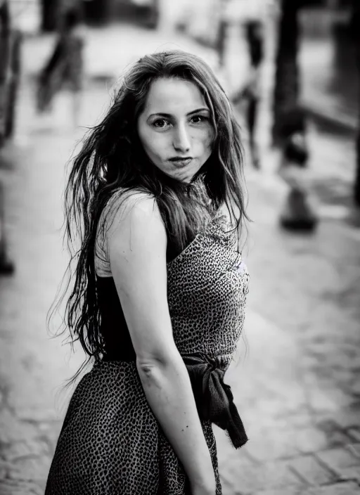 Image similar to Mid-shot portrait of a beautiful 30-year-old woman from Moldova, with freckles and wavy hair, candid street portrait in the style of Mario Testino award winning, Sony a7R