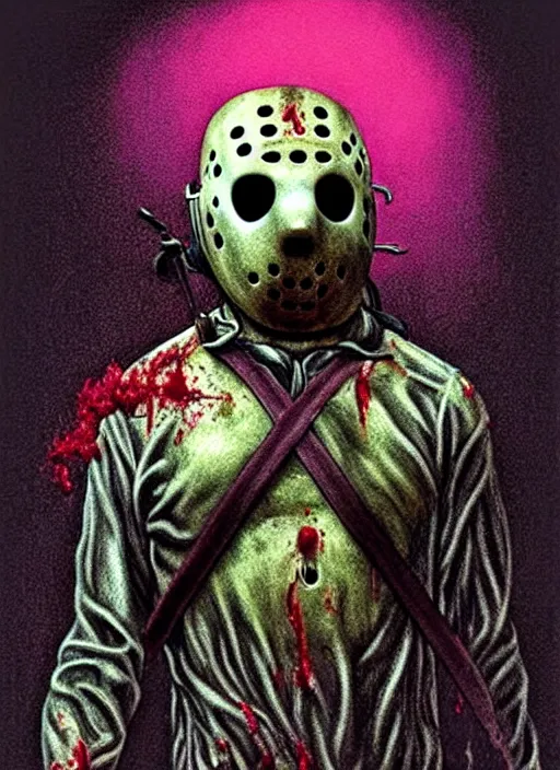 Image similar to hyper detailed 3d render like a Oil painting - Jason Voorhees (Friday the 13th part IV) seen Eating of the Strangling network of yellowcake aerochrome and milky Fruit and his rotten Hands hold a gleaming, bloody, machete that he swings through the gossamer polyp blossoms bring iridescent fungal flowers whose spores black the foolish stars by Jacek Yerka, Mariusz Lewandowski, Houdini algorithmic generative render, Abstract brush strokes, Masterpiece, Edward Hopper and James Gilleard, Zdzislaw Beksinski, Mark Ryden, Wolfgang Lettl, hints of Yayoi Kasuma, octane render, 8k