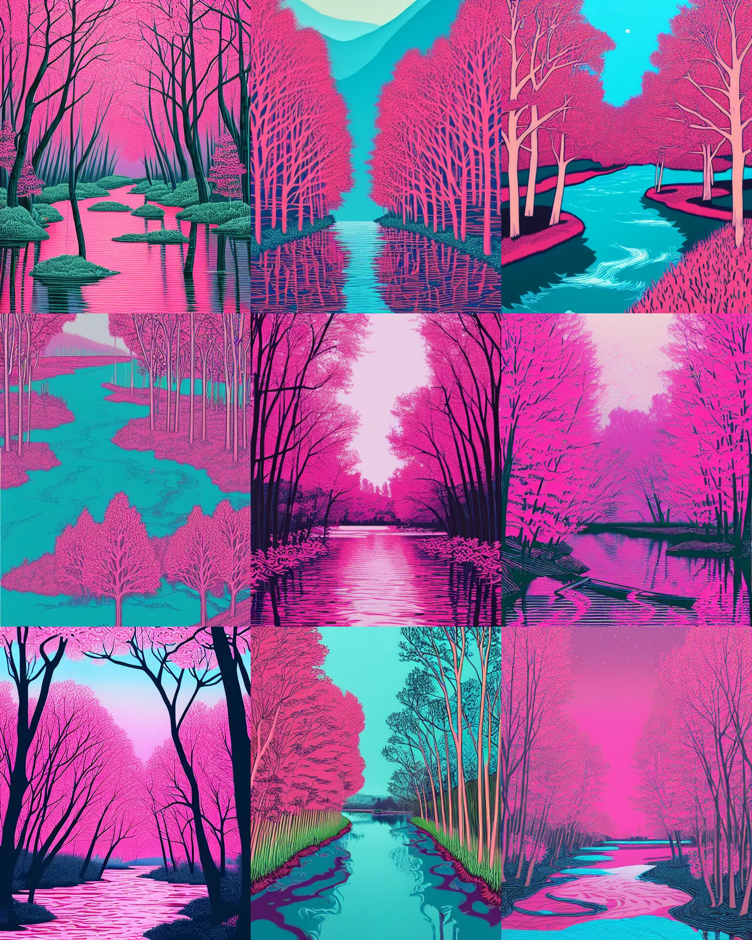 Prompt: a painting of a river surrounded by pink trees, a silk screen by dan mumford, behance contest winner, generative art, 2 d game art, poster art, intricate patterns