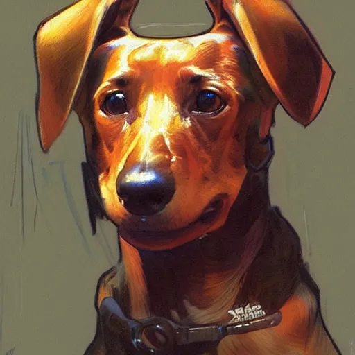 Image similar to The great Dachshund, art by Craig Mullins, Simon Bisley, Gregory Manchess, Fernanda Suarez, Artem Demura, Alphonse Mucha, Donato Giancola, Jason Felix, Steve Argyle, Tyler Jacobson, Peter Mohrbacher, trending on artstation, digital art