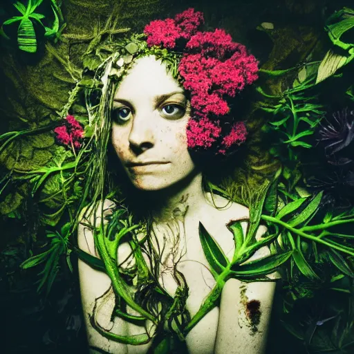 Image similar to a beautiful detailed front view portrait of a rotten woman corpse with plants and fractal flowers growing around, volumetric light, beautiful lit, polaroid photography